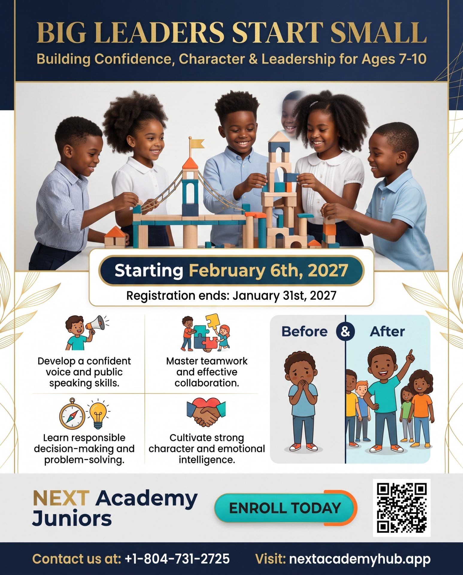 NEXT Academy Juniors flyer: Big Leaders Start Small, building confidence, character and leadership for ages 7-10, starting February 6th 2027