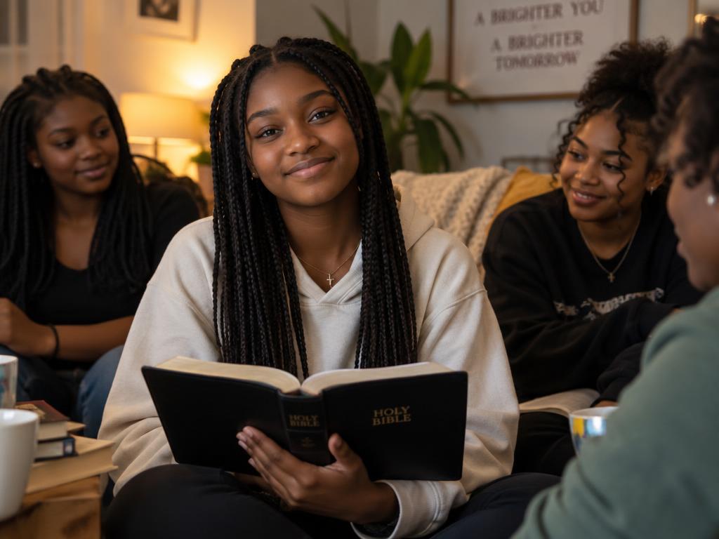 Illustration of teenage girls having a Bible study in a cozy living room
