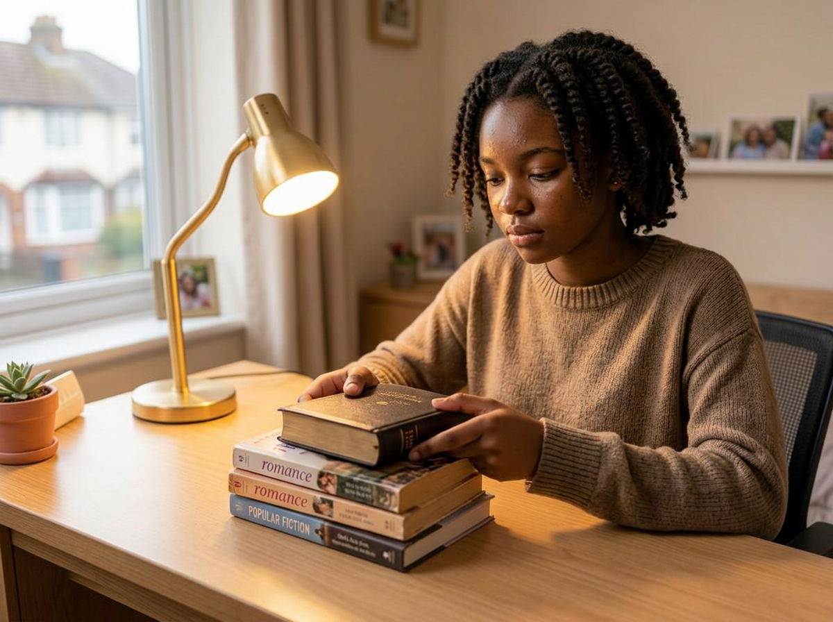 A teenage girl placing a Bible on top of a stack of novels at her desk