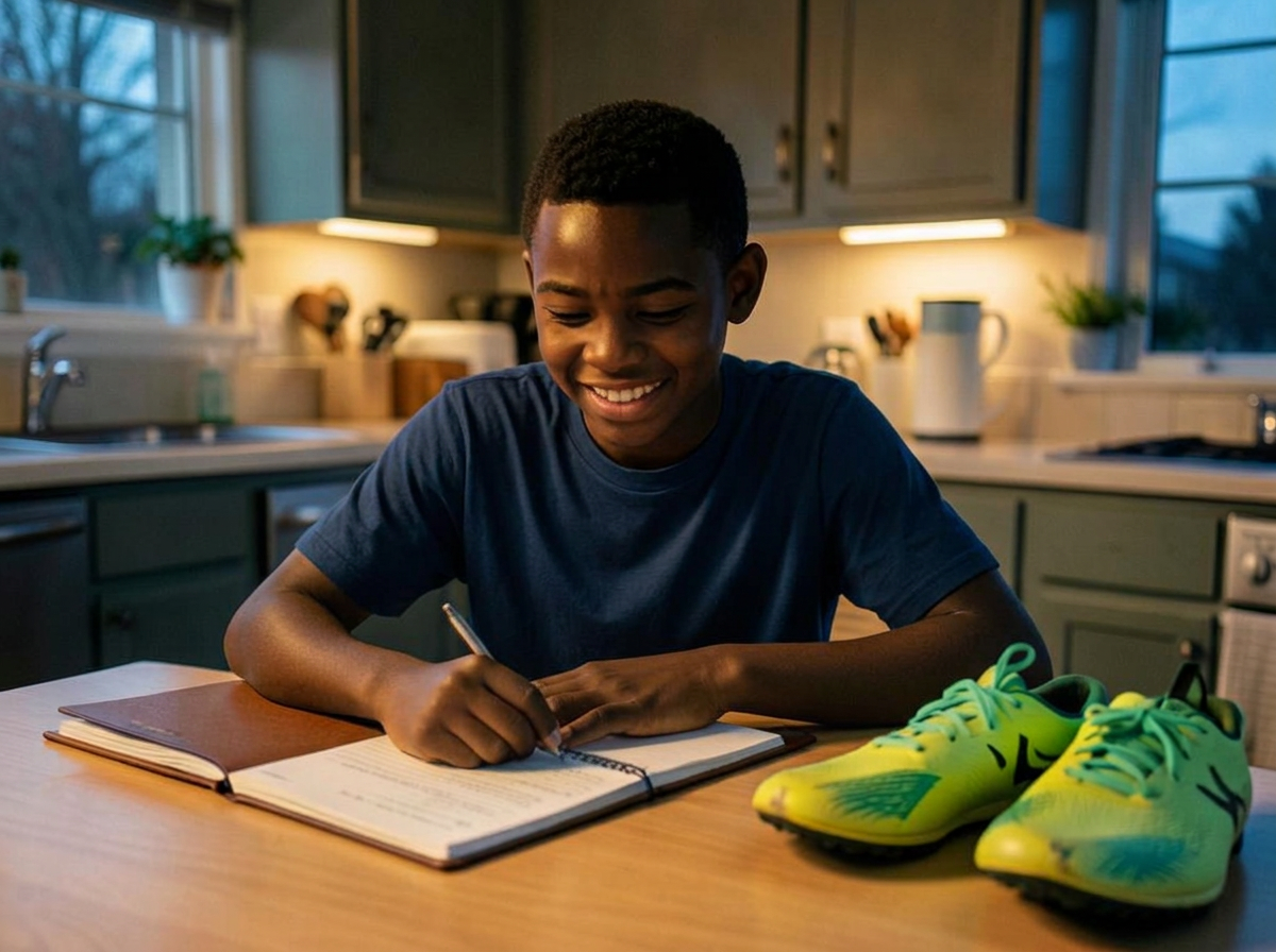 A teenage boy in a soccer jersey doing homework at a kitchen table with cleats beside him