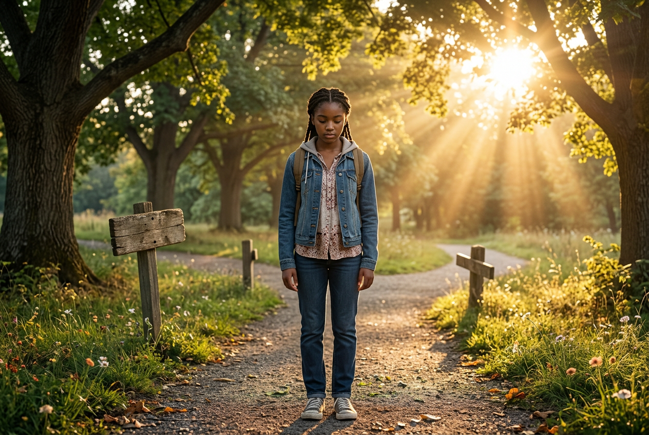 African diaspora teenage girl reflecting at a fork in a sunlit park path