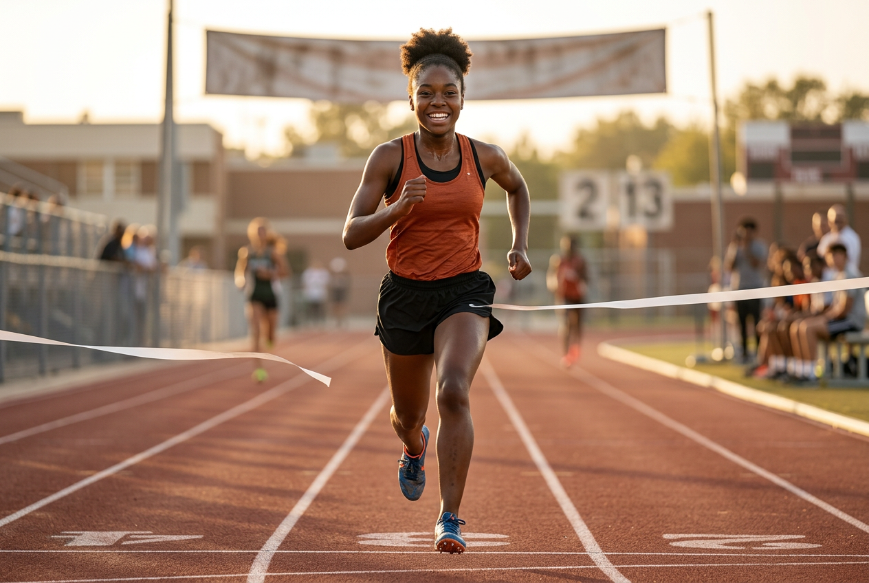 Illustration of a teenage girl sprinting down a track at golden hour