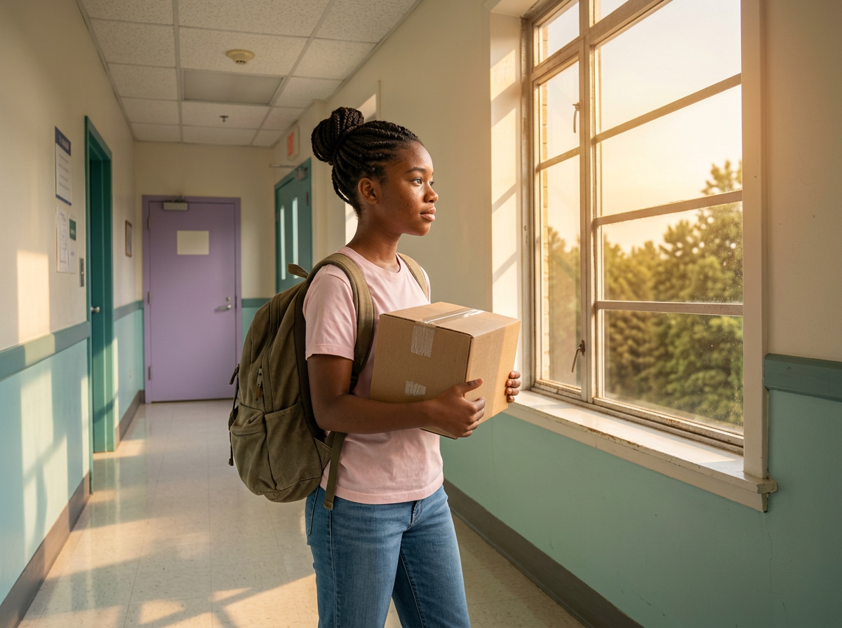 Illustration of a teenage girl carrying a moving box through a sunny school hallway