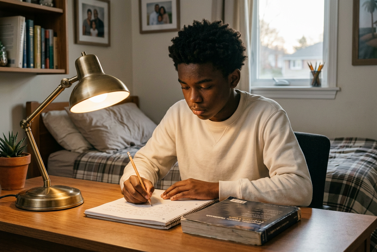 Illustration of a teenage boy studying with textbooks at a desk lamp