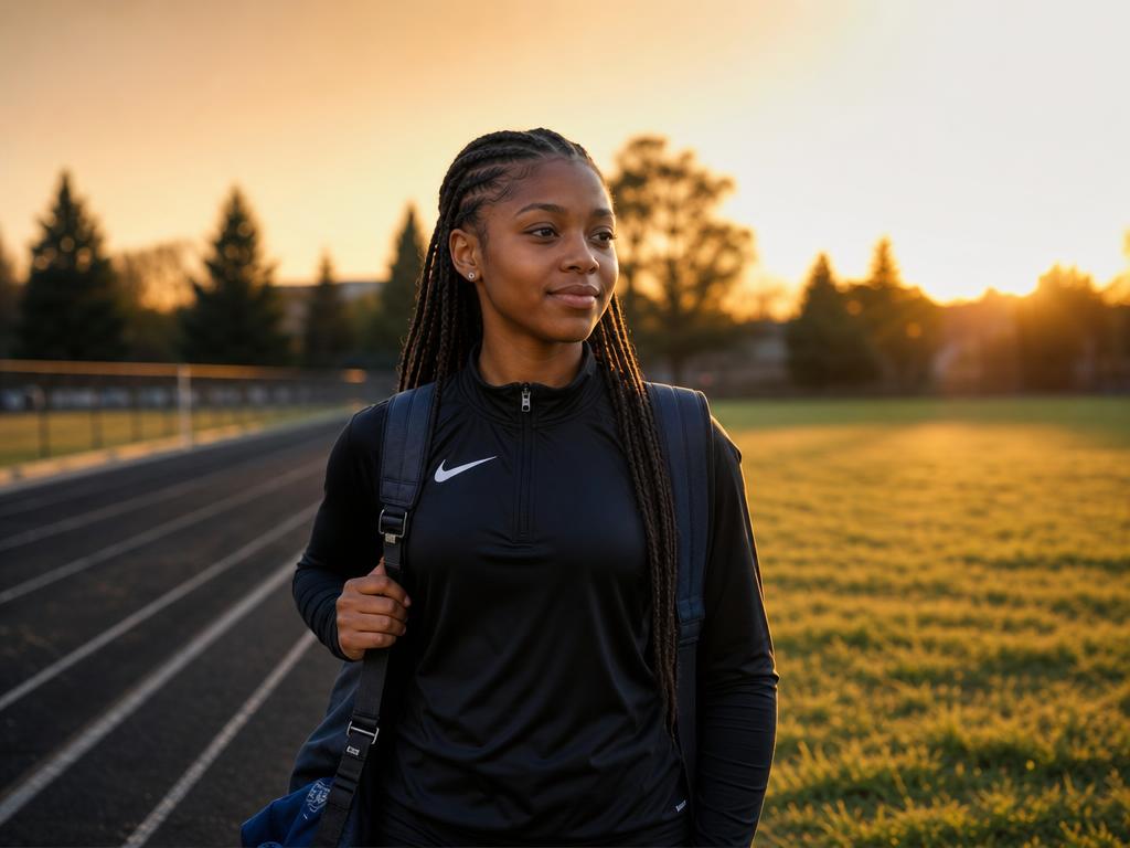 Illustration of a teenage girl walking off a running track toward an open field at sunset